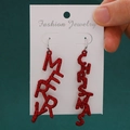 Sparkly red Merry Christmas letter earrings displayed on a white fashion jewelry card - Merry Christmas Letter (4836)