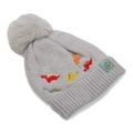 Detail of grey knitted hat with colorful dinosaur embroidery and large faux fur pom-pom - 2-6 Years Old / Light Gray