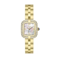 Square gold watch with mother-of-pearl dial and diamond-set bezel for women - All Gold Steel Strap