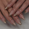 Faux ongles amande courts rose nude avec pointes French en feuille d'or 3D chic - Style Amande Rose Nude avec Bord Français Doré 3D (JP3877)