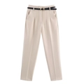 Women's high-waisted straight leg trousers in beige with a sleek black belt - XS / Camel
