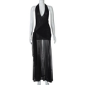 Detail of sheer black mesh gown featuring halter neck and side waist tie design - S / Black