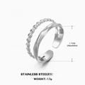 Silver-colored double-layer adjustable stainless steel ring featuring beaded and irregular bands - Line Style / 1.7cm (Adjustable) / Steel