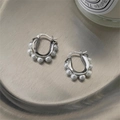 Elegant S925 silver hoop earrings with white round pearls on a brushed metal tray - EH0194/Silver Multi-Pearl Inlay Hoop