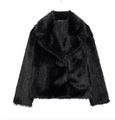 Detailed view of the INDEFEIR faux fur coat collar and plush texture in black - XS / Black
