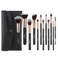 Set di 12 pennelli da trucco neri con ghiere in oro rosa e custodia in pelle con zip - Borsa con Bottone Nera RC da 12 Pezzi