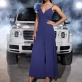 Combinaison bleu marine à col en V, jambes larges et fleur 3D sur l'épaule pour femme - Bleu