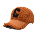Brown fleece baseball cap with teddy faux fur texture and a black letter C embroidery - Coffee
