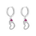 Close-up of silver Christmas stocking earrings with red stone and sparkling zircons - Silver Christmas Sock with White Stones