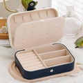 Portable dark blue leather jewelry travel case with multiple functional storage sections - Navy Blue