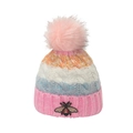 Women's warm winter beanie with colorful stripes, bee embroidery and pink pom-pom decoration - M(56-58cm) / Pink