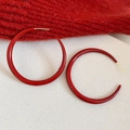 Detailed close-up of red enamel C-shaped hoop earrings with gold-plated silver needles - 5cm / Silver Earring Post-Gold-Red