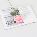 Pink velvet artificial rose stem with green leaves placed on an open magazine - Silk Pink Core