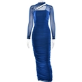 Detail of blue ruched mesh long dress showing texture, long sleeves and sheer shoulder cutout - 2XL / Sapphire Blue