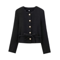 Damen Tweed-Kurzjacke in Schwarz mit Goldknöpfen und Taillengürtel auf weißem Grund - XS / Schwarz