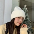 Winter ivory double-layered thick rabbit fur knit hat with warm ribbed cuff design - M (56-58cm) / White