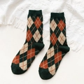 Japanese style wool blend crew socks with vintage green and brown argyle pattern - One Size / Dark Green