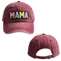 Detailed view of burgundy vintage baseball cap featuring MAMA patch and metal buckle - Wine Red (Colorful MAMA)