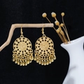 Detail of ethnic gold bell earrings with bohemian leaf fringe on a rustic wood branch - E5517-4 Sun Pattern Teardrop Tassel
