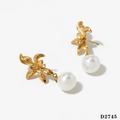 Elegant gold flower pearl earrings featuring brushed metal petals and round white pearl drops - Gold Earrings (D2745)