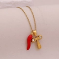 Gold necklace with red chili pepper and sparkling cross pendant for women - Letter T(T)