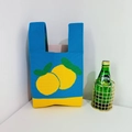 Detail of blue knit tote bag featuring vibrant yellow lemon patterns and soft texture - Dark Blue Kumquat