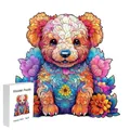 Irregular wooden puzzle featuring colorful floral dog pattern and white gift box - F16 Floral Dog - Size S