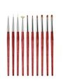 Set of 10 red wood texture nail art brushes for professional detailing and drawing - Red-Brown Wood Handle (10Pcs)