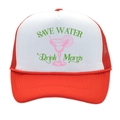 Red and white Save Water Drink Margs trucker hat with mesh back and colorful cocktail print - Adult - Adjustable / Red + White