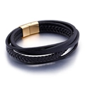Geflochtenes schwarzes Lederarmband mehrlagig mit goldener Magnetschließe für Herren - Goldene Schnalle (KB92475-K) / Schwarz