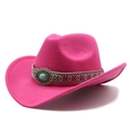 Detail of rose red wool felt cowboy hat with ethnic ribbon and turquoise stone buckle - M (56-58cm) / Rose Red