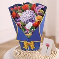 3D pop-up greeting card featuring a blue floral bouquet with a golden bow detail - Hydrangea