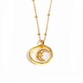 Close-up of golden beaded chain necklace with crescent moon embossed on resin pendant - Irregular Moon Face Style (款式3)