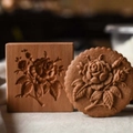 Rectangular beechwood cookie mold with rose carving and a matching baked shortbread - Rose