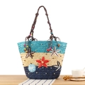 Bohemian straw bag with blue stripes, 3D floral embroidery and beaded tassel strap - Blue Series
