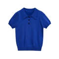 Royal blue short sleeve knit polo shirt with classic collar and contrast buttons - S / Tops / Blue