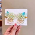 Hanfu style hair clips with green and blue flowers and pearl tassels on gold metal base - 99# Delicate Condensation Pair Clips