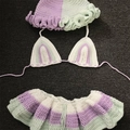 Handmade crochet three-piece bikini set with hat and skirt in light purple and green - Adult Free Size / Green Purple (Hat, Bikini)