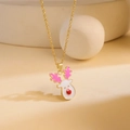 Golden Christmas reindeer pendant necklace with colorful enamel finish on beige display - Cute Reindeer / Gold
