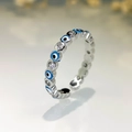 Adjustable evil eye ring with blue enamel and white zircon stones in silver finish - Silver-Sky Blue
