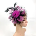 Serre-tête vintage rose fuchsia avec plumes noires et voile de mariée en résille - Rouge Rose & Noir