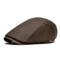 Distressed dark brown leather newsboy cap with vintage stitching and metal side detail - Vintage Faux Leather / Coffee