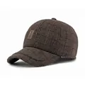 Dark brown plaid wool baseball cap with leather patch for winter warmth and comfort - Adjustable / Coffee