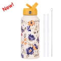 1L Cream stainless steel insulated bottle with floral patterns, straw and brush set - Ivory White 23C1