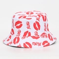 White cotton bucket hat featuring red lip prints and XOXO pattern for a casual summer look - M (56-58cm) / Red Lips XOXO Print (#11)