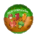 Round foil balloon with cartoon vegetables and Feliz Cumpleaños Spanish birthday text - Round Spanish Vegetable Birthday Carnival