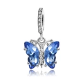Silver butterfly pendant with blue crystal wings and white zircons for DIY jewelry - Dark Blue