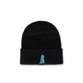 Detailed view of the cute blue dinosaur embroidery on a black knit winter beanie cap - Black / M (56-58cm)