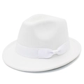 Detailed view of the white wool felt fedora featuring a stylish ribbon bow decoration - White