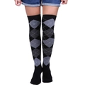Close-up of classic black and white argyle pattern on elastic over-knee thigh high socks - Dark Gray